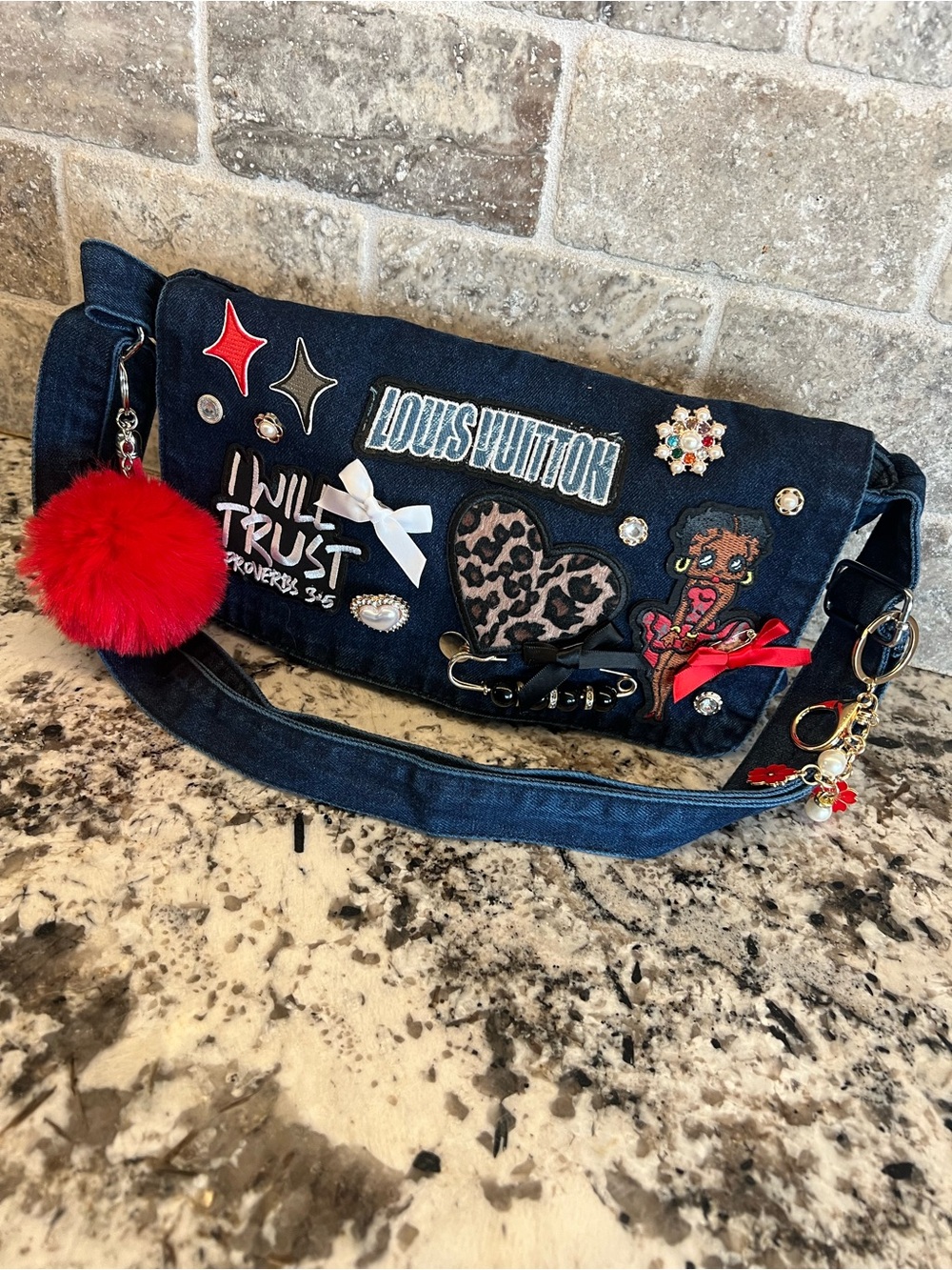 Denim Red Themed ‘Junk’ Patch Work Purse with Red Pom Pom
